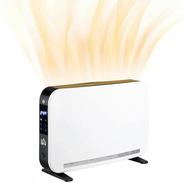 White slimline space heater with digital display and control buttons, compact base