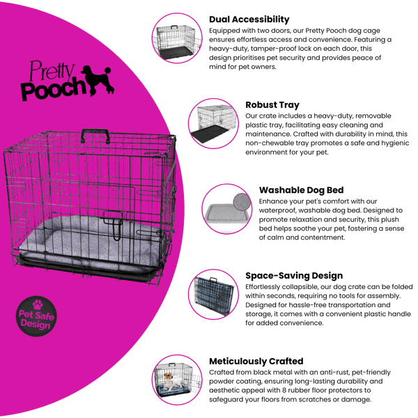 Pretty Pooch Dog Cage XL Extra Large Crate Pet Training Crate Metal Folding with Tray Double Door and Bed 42"