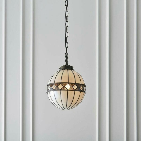 Tiffany Glass Hanging Ceiling Pendant Light Bronze & Natural Globe Shade i00117 Loops
