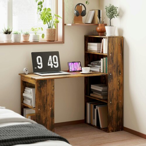 Wyld Haus Nanono 120cm Wooden Rustic Brown 6 Tier Bookshelf Desk For Home Office
