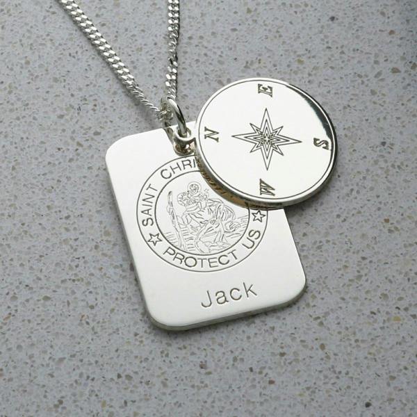 Christopher James of London Sterling Silver Compass Concealed St. Christopher Personalised Travellers Prayer Pendant & Chain
