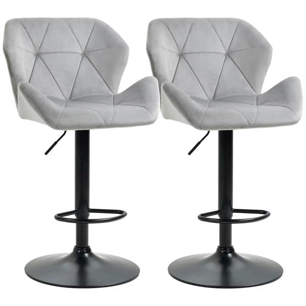 Set of 2 grey velvet bar stools with tufted backs, black round base and footrest