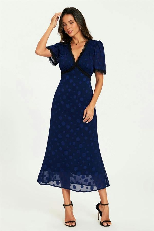 FS Collection Polka Dot Jacquard Lace Trim Midi Dress In Navy