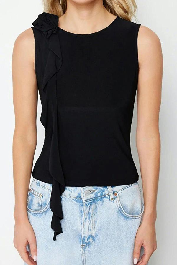 WOVCOR Rose Accessory Detail Ruffled Stretch Regular Knit Blouse