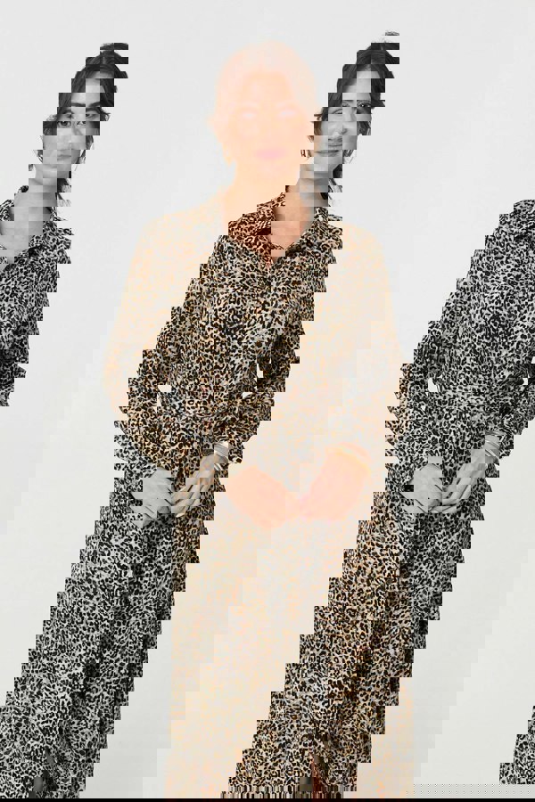 Green | Animal Print Tie Waist Midi Shirt Dress
