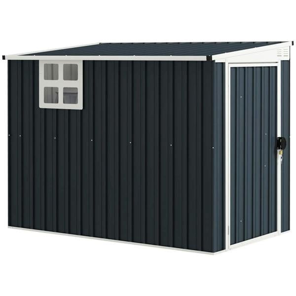 Dark grey metal garden storage shed with window and lockable door
