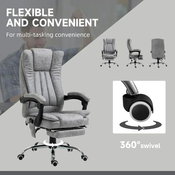 Grey reclining office chair with swivel base and rolling casters, 360° movement