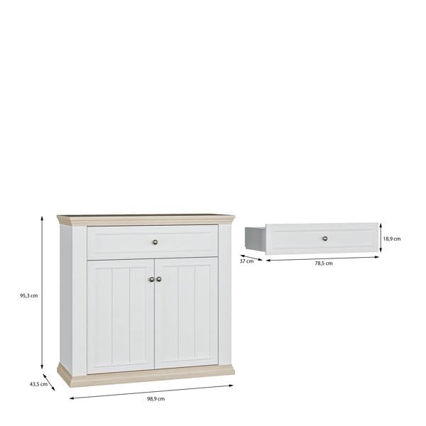 Furniture To Go Pontypool 2 Door 1 Drawer Small Sideboard in White and Riva Oak