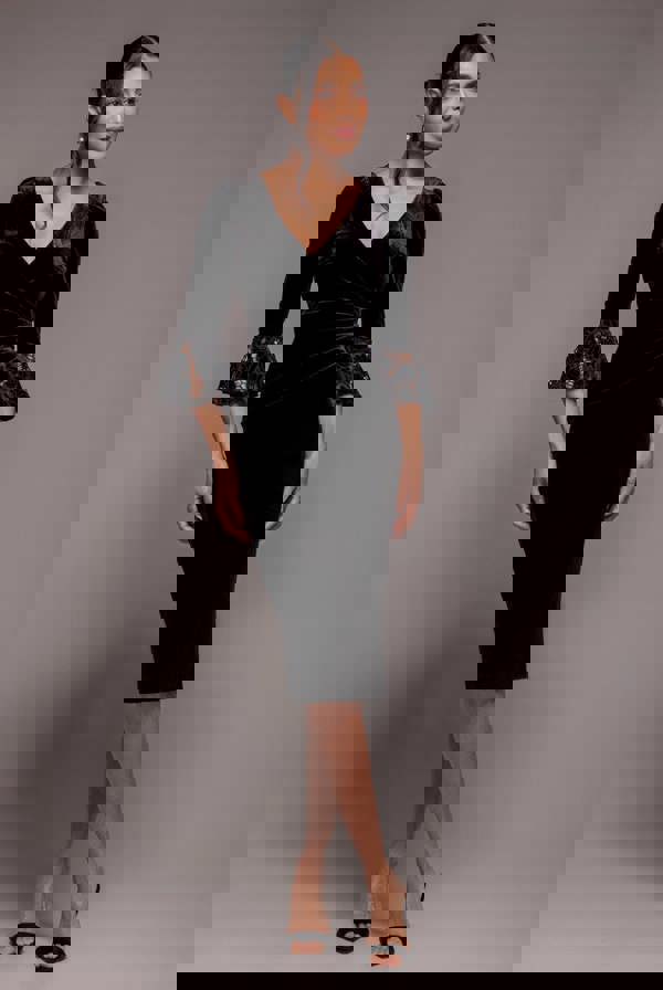 Crochet Velvet Wrap Midi Dress - Black DR4483