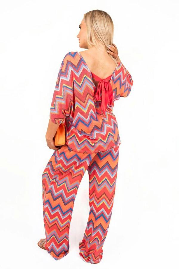 Reina Zigzag Print Top And Wide Leg Trousers Co-ord Set - Red