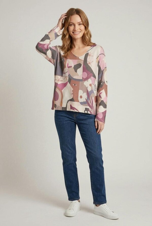 Izabel London Abstract Print Long Sleeve Knit Top - Burgundy