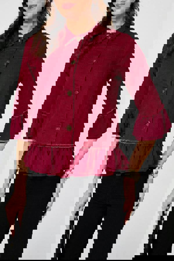 Burgundy | Frilled Hem 3/4 Flare Sleeve Shirt