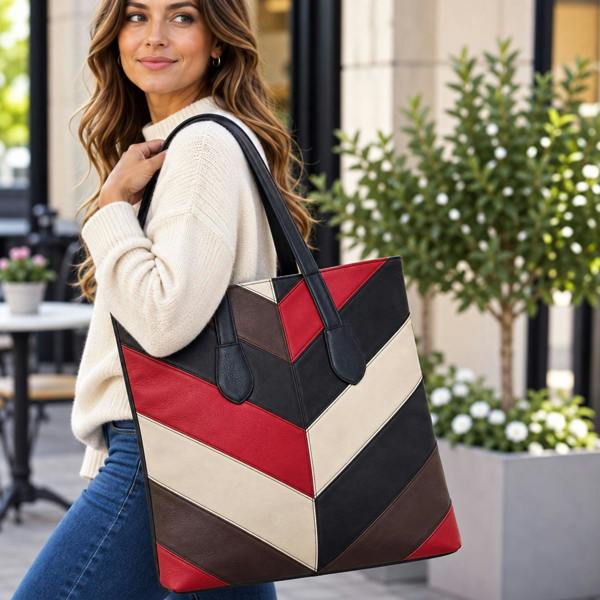 Lorenz Chevron Colour Block Tall Tote Shopper Bag - Black/Red/Beige/Brown