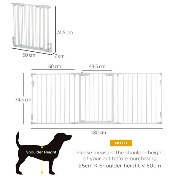 White pet safety gate layout diagram with panel sizes and four-panel span