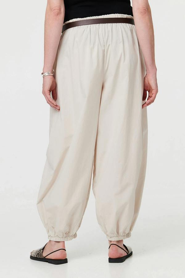 Beige | Belted Relaxed Wide Leg Barrel Trousers