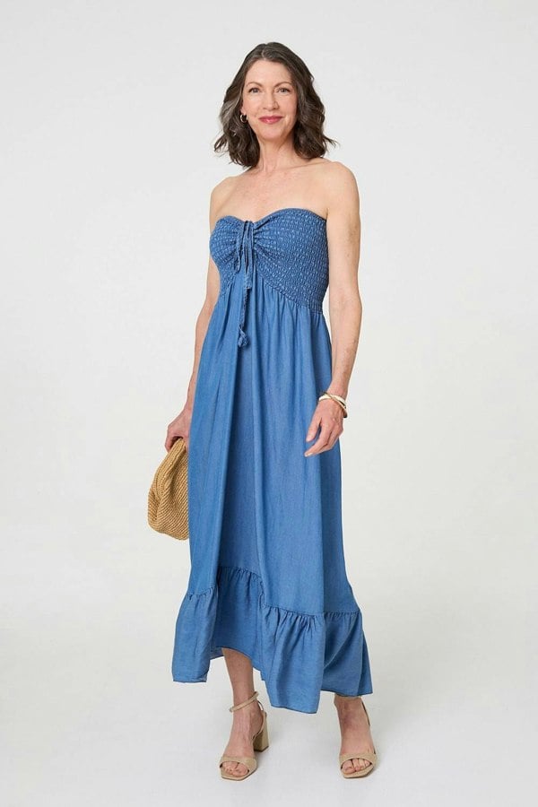 Blue | Strapless Shirred Frill Hem Maxi Dress
