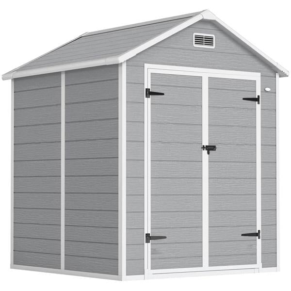 Dark grey plastic garden shed with double lockable doors and roof vent