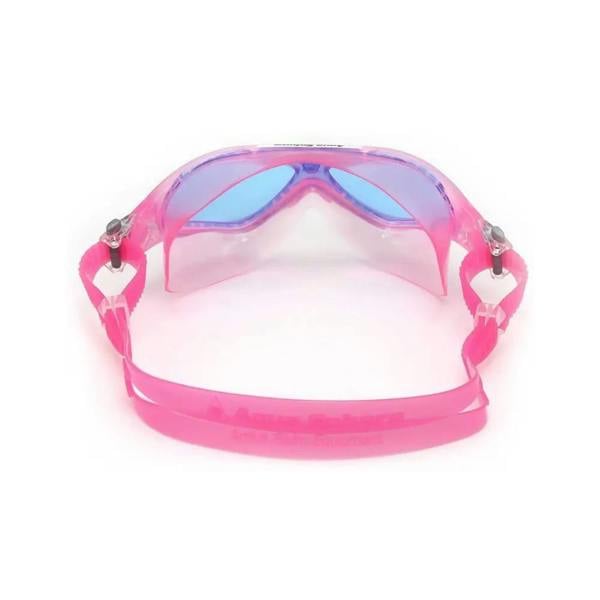 Pink Aqua Sphere Vista junior swim goggles with clear frame and blue lenses