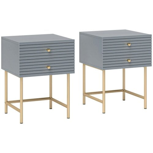 Wyld Haus Lika Set Of 2 Grey And Gold Elegant Bedside Tables Ribbed Drawers