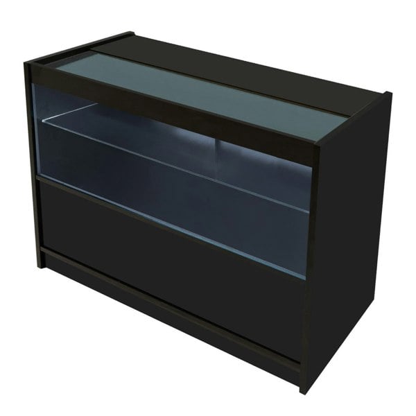 LED retail shop counter C1200 in sleek black finish, featuring a glass top and illuminated display area for showcasing products