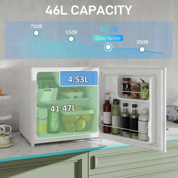 Open cream mini fridge interior with food shelves and ice box freezer compartment