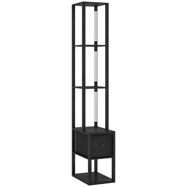 Black modern floor lamp with open shelves and fabric drawer, LED column light.