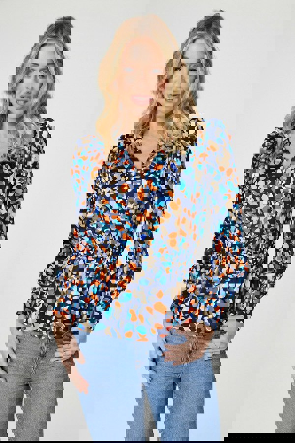 Navy | Printed Long Sleeve Peplum Blouse