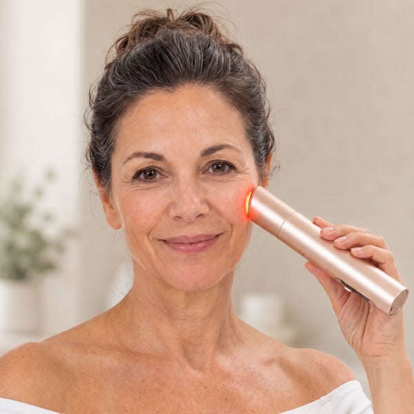 Woman using the Innocera Max™ skincare device on her cheek, showing the illuminated treatment head in contact with the skin during an at-home facial treatment.
