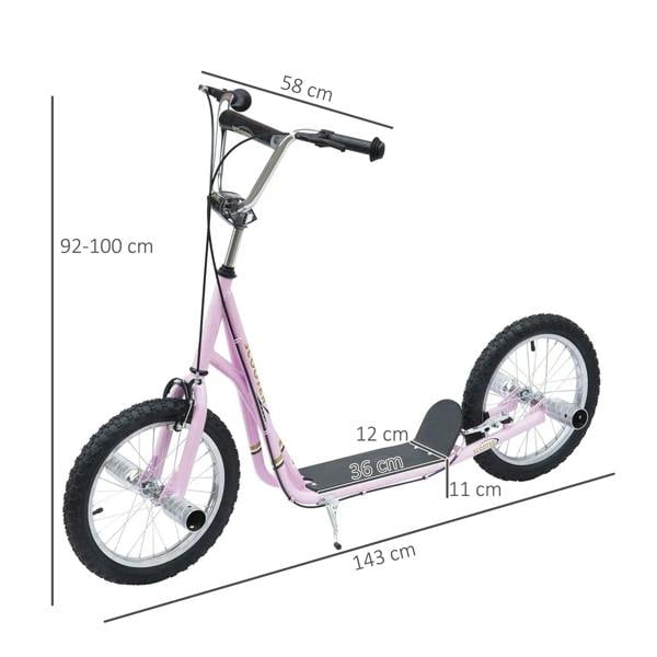 Pink kids stunt scooter with black foot deck and large 16 in wheels, side view