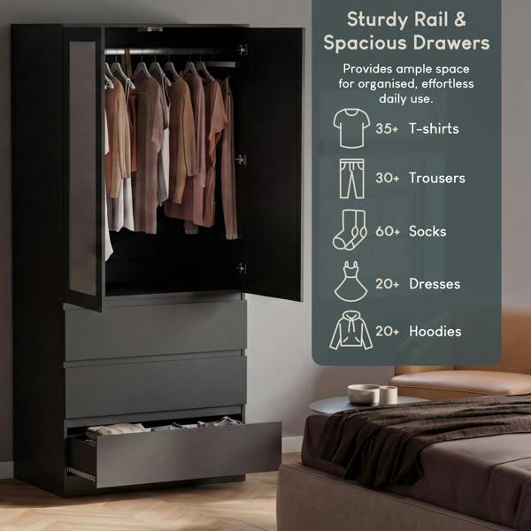 Vida Designs Denver 2 Door 3 Drawer Mirrored Wardrobe