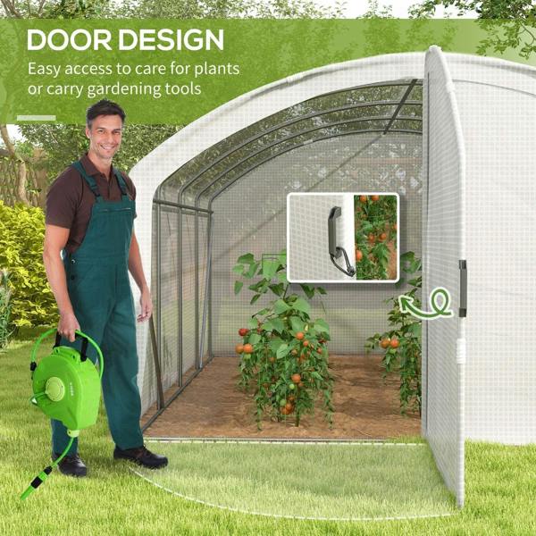 White arched greenhouse door with mesh panel opening and latch detail