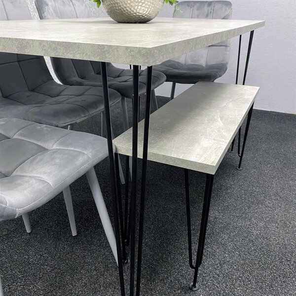 Kosy Koala Grey Dining Table with Hairpin Legs, Bench & 4 Grey Velvet Chairs Set for Kitchen & Dining Room