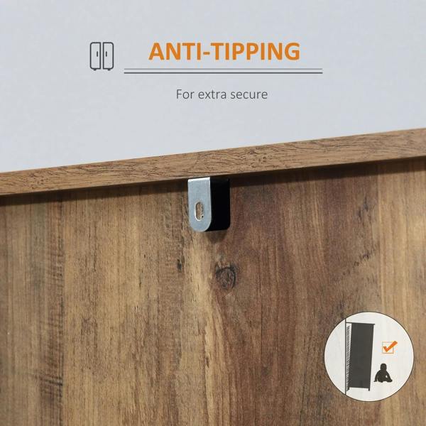 Anti-tipping bracket on rustic brown sideboard back with dark metal mount and pull