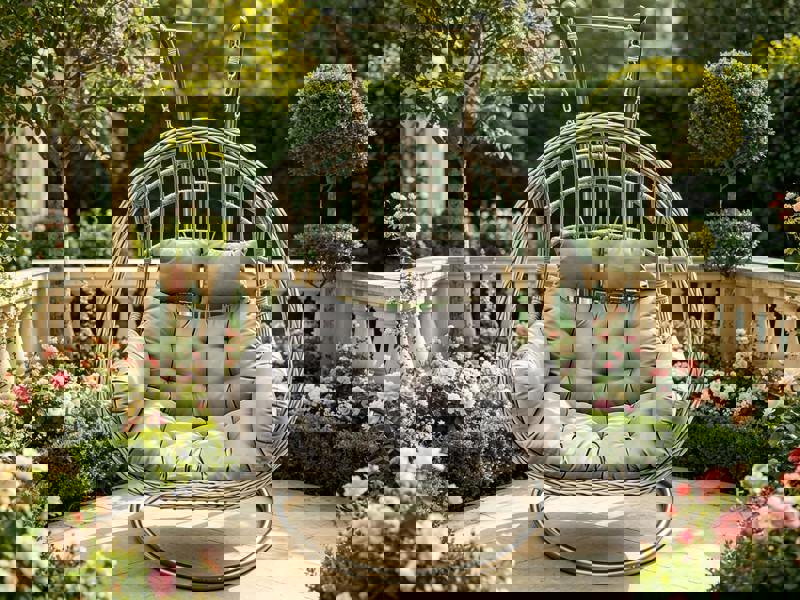 Fimous Rattan Garden Two Seater Hanging Egg Chair Indoor Outdoor Patio Furniture with Grey Cushion
