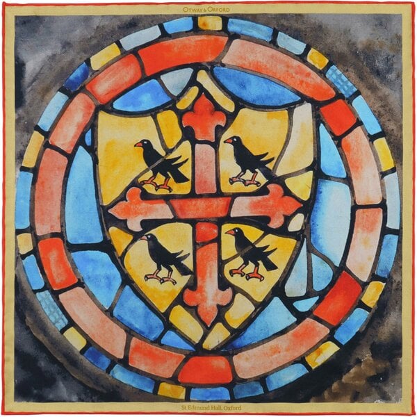 Otway & Orford 'Floreat Aula' Oxford College crest silk pocket square in gold, red & blue (42 x 42cm)