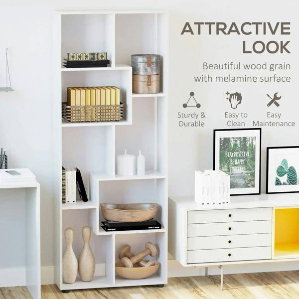 White 8-cube bookcase with open cubbies and decorative bins displayed on shelves.