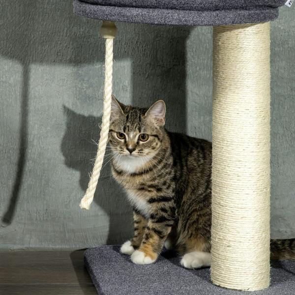 Tabby cat on a dark grey base platform with cream post and hanging rope element