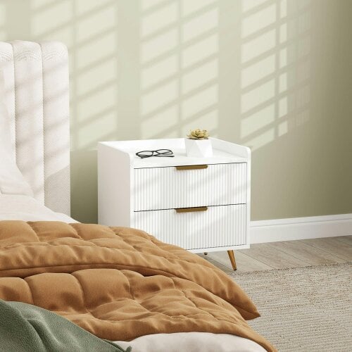 Wyld Haus Yoha White and Gold Ribbed 2 Drawer Bedside Table