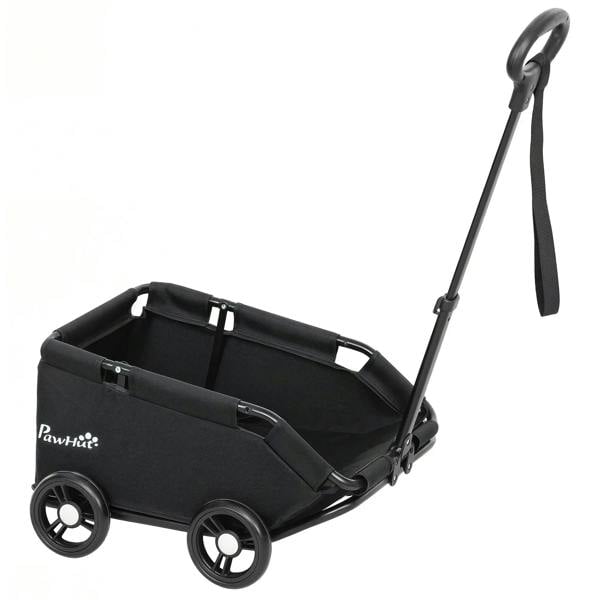 Black four-wheel pet wagon cart with handle and fabric enclosure, side mesh panel