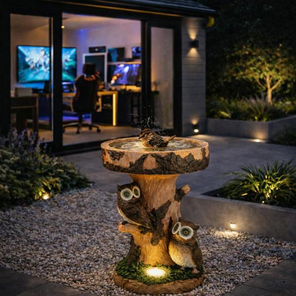 Gardenwize Solar Bird Bath – Owl Garden Ornament with LED Light
