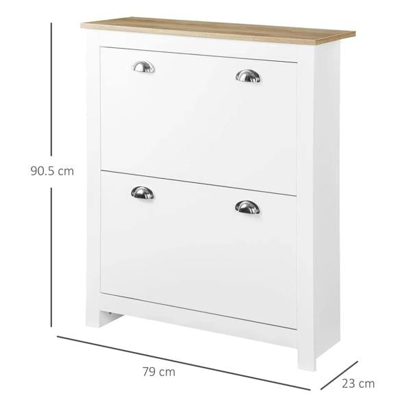 White shoe cabinet with wood top and two drawers, each with silver curved handle