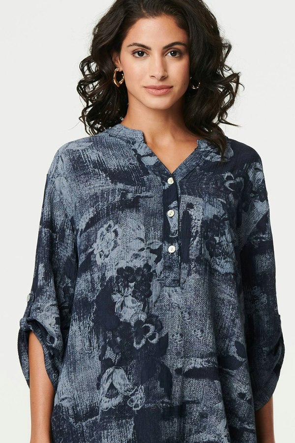 Navy | Floral 3/4 Sleeve Relaxed Blouse
