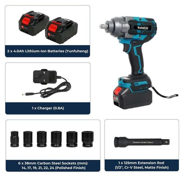 Traderight 21V Brushless Impact Wrench 1/2" Rattle Gun 2×4.0Ah 1200Nm Kit Set
