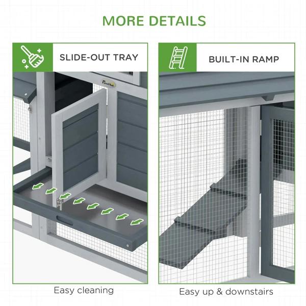 Grey chicken coop details: slide-out tray and built-in ramp inside the run