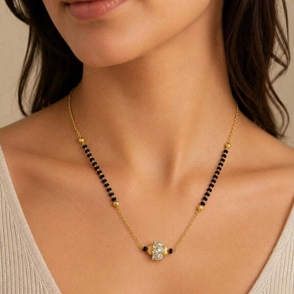 The Colourful Aura Gold Plated CZ Crystal Mangalsutra Black Bead Necklace 18 Inch