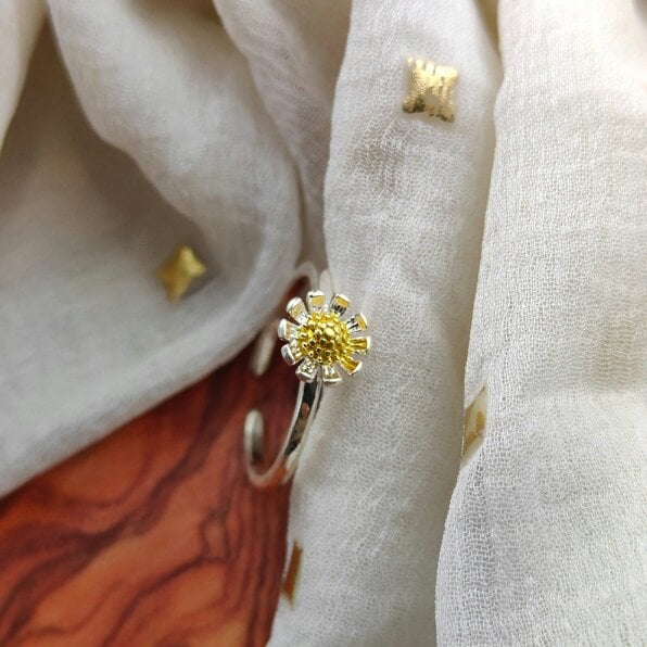 The Colourful Aura Silver Sunflower Daisy Tiny Slim Adjustable Floral Stackable Ring