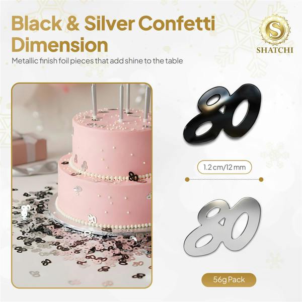 80th Birthday Black & Silver Metallic Confetti Range, Foil Table Decoration Set image 1