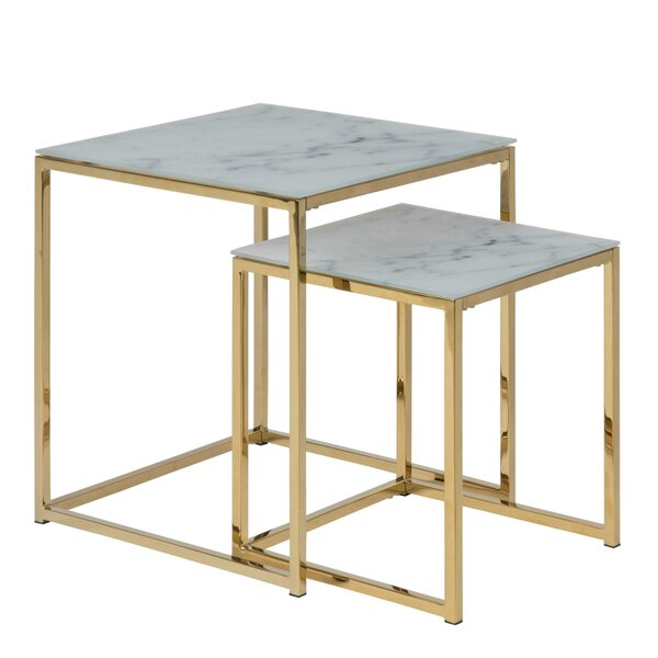 Wyld Haus Vodskov White Marble Set of 2 Nesting Side Tables Gold Legs