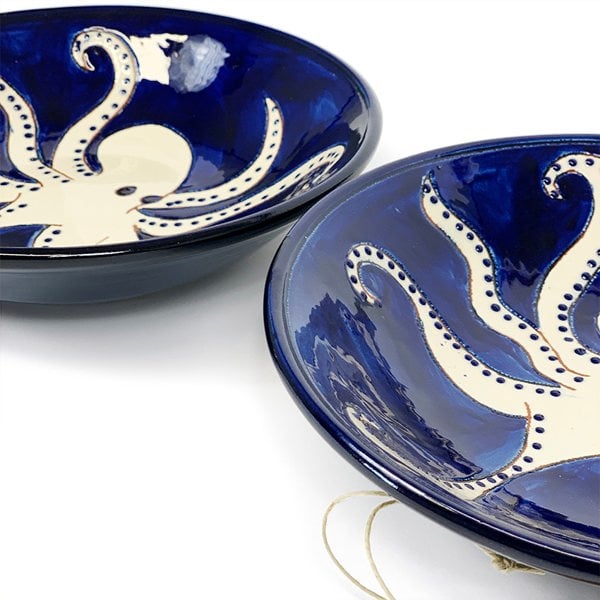 Set of two blue ceramic pasta bowls