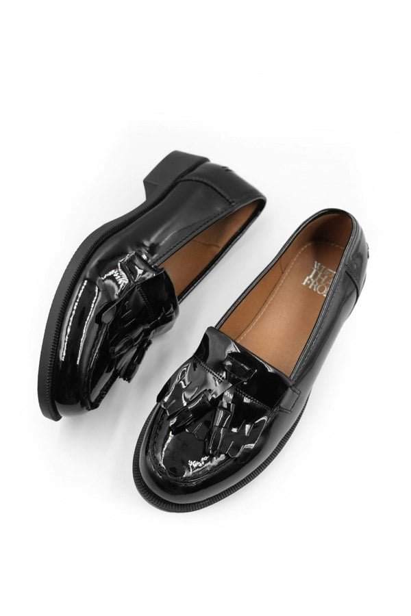 Where's That From Adalira Wide Fit Flatform Slip on Loafers Shoes With Tassle in Black Patent